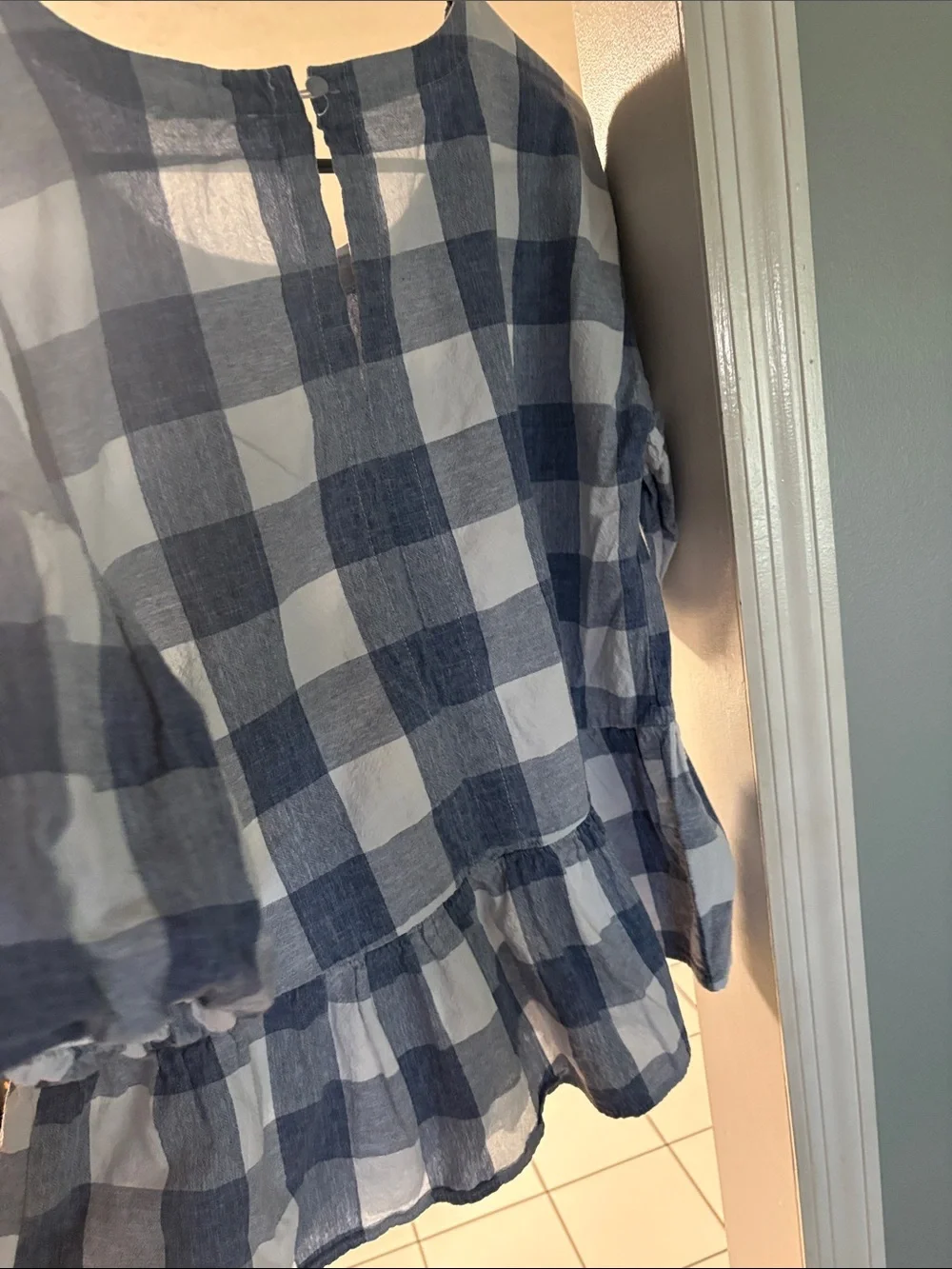 Girls Blue and White Gingham Peplum shirt